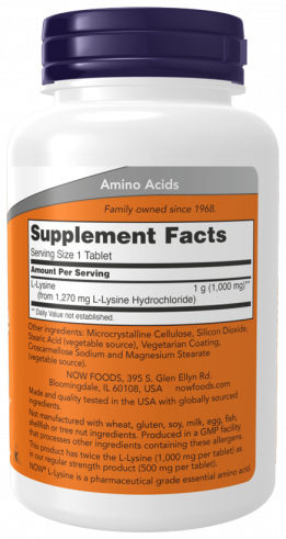 NOW Double Strength L-Lysine 1000 mg, Двойная сила L-Лизин 1000 мг, 100 таблеток